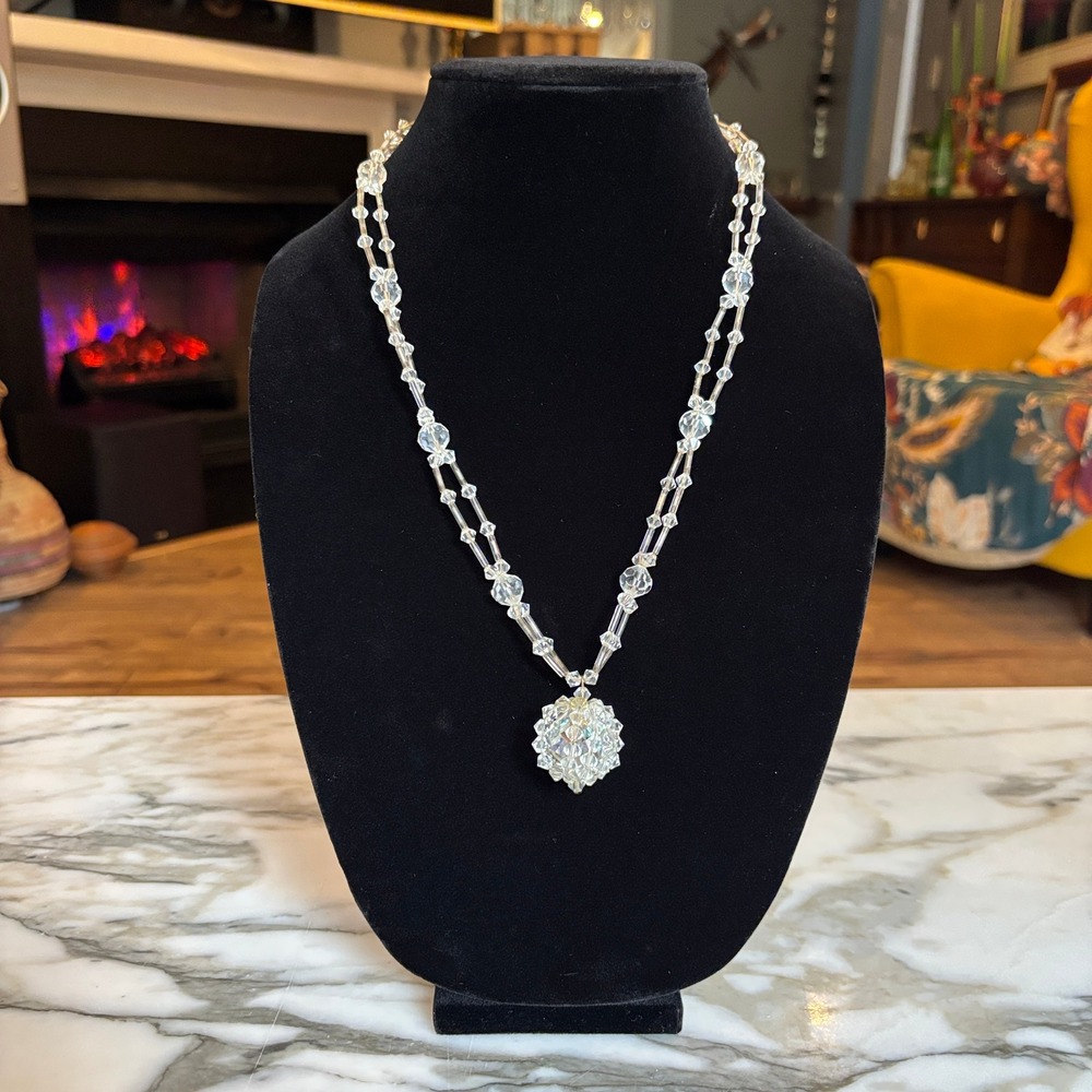 Vintage Clear Beaded Double Strand Cluster Pendant Necklace